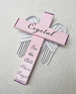 Personalized Angel of the Lord Cross in pink with white wings 'For this Child I have Prayed' Samuel 2:27