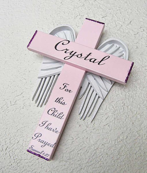 Personalized Angel of the Lord Cross in pink with white wings ‘For this Child I have Prayed’ Samuel 2:27