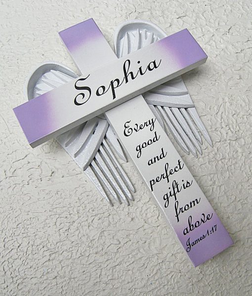 Personalized Angel of the Lord Cross in White – with Violet Wings ‘Every Good and Perfect Gift is from Above’ James 1:17