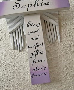 Personalized Angel of the Lord Cross in White – with Violet Wings 'Every Good and Perfect Gift is from Above' James 1:17