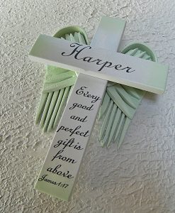 Personalized Angel of the Lord Cross in White – with Green Wings