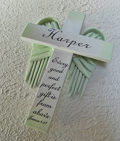 Personalized Angel of the Lord Cross in White – with Green Wings