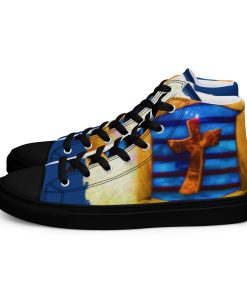 Brown Cross on blue and black backgroud placed on Beige & Tan& dark blue Love Life Shoes with IwwJesus Logo always be Pro-Life