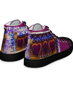 Two purple Hearts with beaded art on wine colored Love Life Shoes always be Pro-Life