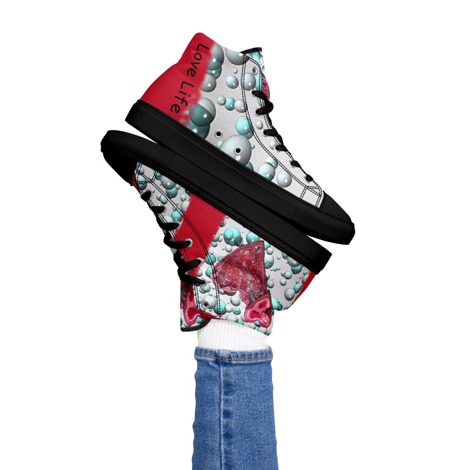 Two Hearts with Bubbles art on red colored Love Life Shoes always be Pro-Life shoes