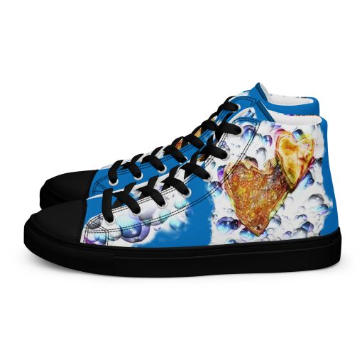 Two Golden Hearts with Bubbles art on Blue colored Love Life Shoes always be Pro-Life