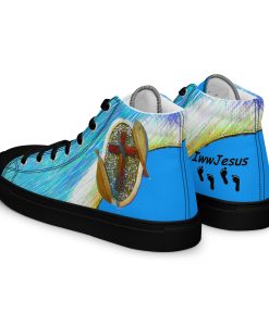 Two Fish surrounding Cross on Baby Blue Love Life Shoes with IwwJesus Logo pro-life