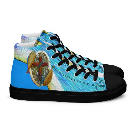 Two Fish surrounding Cross on Baby Blue Love Life Shoes with IwwJesus Logo