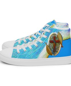 Two Fish surrounding Cross on Baby Blue Love Life Shoes with IwwJesus Logo always be Pro-Life