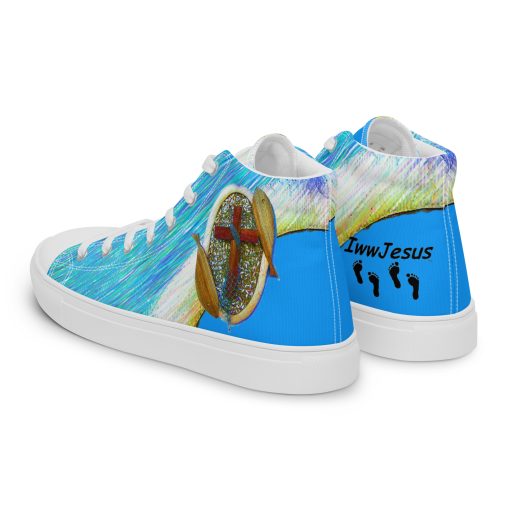 Two Fish surrounding Cross on Baby Blue Love Life Shoes with IwwJesus Logo