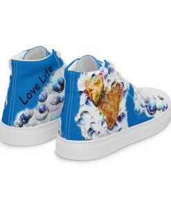 Two Golden Hearts with Bubbles art on Blue colored Love Life Shoes always be Pro-Life